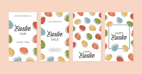 Set of Happy Easter social media templates, sale banners, greeting cards, vertical posters or holiday covers. Easter Eggs decorated in trendy minimalistic style. Vector flat illustration.