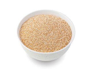 Quinoa seeds in a white bowl are isolated on white.