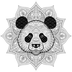 Panda face pattern on ornament background. Portrait of giant panda isolated on white background. Painted ethnic ornament. Chinese style. Tribal ornament painted by hand. Series ethnic animals. Vector © Yurii