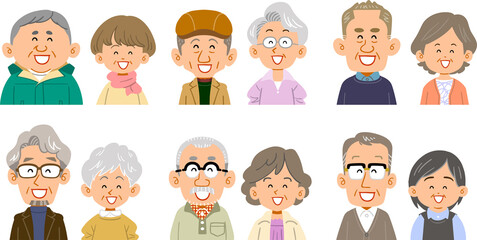 6種類のシニア夫婦の表情と上半身　笑顔
