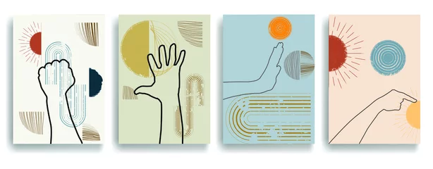 Zelfklevend Fotobehang Modern poster with minimalist design elements and hands in Boho style  . Wall art , home deco . Vector abstract shape. © miloje