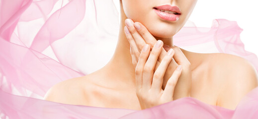 Woman Lips and Hands Beauty Close up Portrait wrapped in Pink Chiffon Fabric. Model Massaging Face....