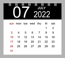 July 2022. Vector monthly calendar template 2022 year in simple style for template design. Week starts from Sunday.