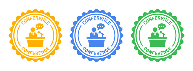 Conference icon on badge design. Businessman holding speech icon vector illustration.