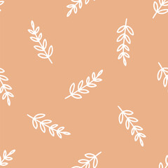 Seamless pattern with doodle herbs. Hand drawn vector abstract botanical illustration in doodle style on a beige background.