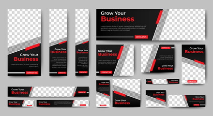 set of corporate web banners of standard size with a place for photos. Vertical, horizontal and square template.