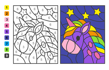 Color by numbers unicorn Animal. Puzzle game for children education, colors for drawing and learning mathematics © Nataliia