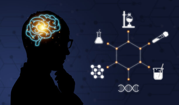 Abstract background with silhouette scientist people with brain and looking at infographics. Science and chemistry concept with copy space in hexagonal shape. Symbol of glassware equipment