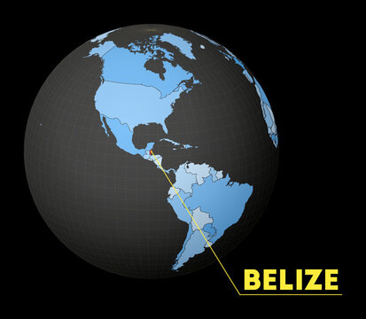 Belize on dark globe with blue world map. Red country highlighted. Satellite world view centered to Belize with country name. Vector Illustration.