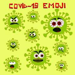 Covid19 coronavirus emojis vector set, different emotions. Covid19 corona virus emojis vector set. Covid-19 coronavirus emojis and emoticons with scary and angry facial expressions in white background