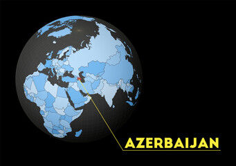 Azerbaijan highlighted on a dark globe with a blue world map. Satellite view centered on Azerbaijan with the country name. Vector illustration.