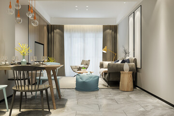 3d rendering loft luxury living room with shelf near dining table