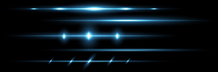 Blue horizontal lens flares pack. Laser beams, horizontal light rays.Beautiful light flares. Glowing streaks on dark background. Luminous abstract sparkling lined background.