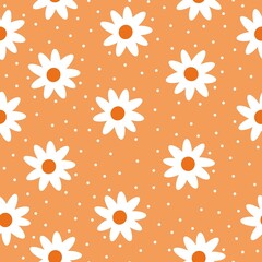 Seamless vintage pattern. White flowers and dots . orange background. vector texture. fashionable print for textiles, wallpaper and packaging.