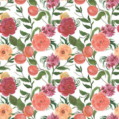 Watercolor painting seamless pattern with peach fruits and rose flowers. Vintage background