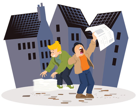 men shouting news in city