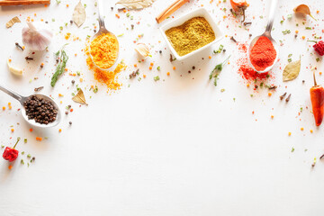 spices, seasonings and herbs on a white background with space for text
