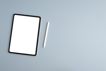 Digital tablet with blank on screen isolated on gray background, banner for template, mock up, topview, flat lay, communication technology