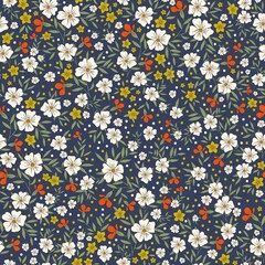 Seamless vintage pattern. White, yellow  and orange flowers. green leaves.  blue background. vector texture. fashionable print for textiles, wallpaper and packaging.