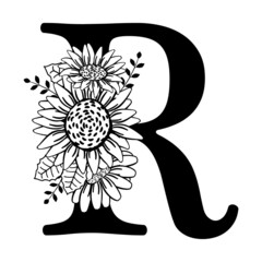 Capital letter R with flowers. Monogram, signature, title, screen caption. Black outline drawing. Vector illustration isolated on white background. Family logo, sign. Floral design, name initials.