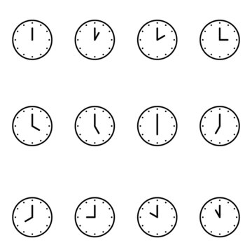 set of analog clock icons notifying every hour, isolated on white, vector illustration