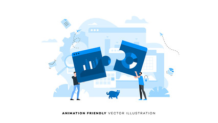 People connect two pieces of puzzles in the form of browser. Animation ready duik friendly vector Illustration. Conceptual business story. Puzzle connection, teamwork abstract metaphor, partnership.