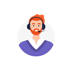 An avatar of man from a call center. Live chat operators, hotline operator, assistant with headphones. Online technical support 24 7. Vector flat illustration.