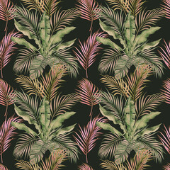 Watercolor painting colorful tropical green,pink leaves seamless pattern background.Watercolor hand drawn illustration tropical exotic leaf prints for wallpaper,textile Hawaii aloha summer style.