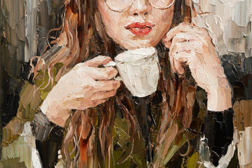 The girl is drinking coffee in a cafe. Woman with a cup in her hand. Oil painting on canvas.