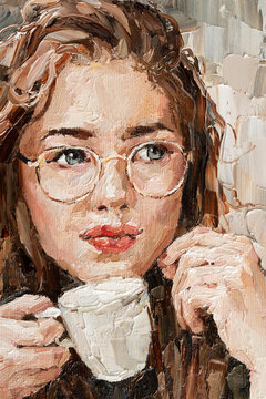 The girl is drinking coffee in a cafe. Woman with a cup in her hand. Oil painting on canvas.
