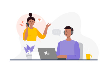 An Indian man from a call center can not dealing with a customer problem. Online technical support 24 7. Customer support department staff, telemarketing agents. Vector flat illustration.