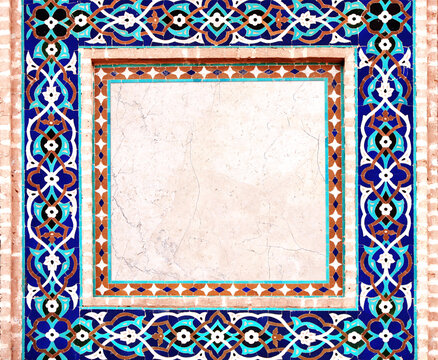 Detail of traditional persian mosaic wall with geometrical and floral ornament, Iran. Horizontal frame with ceramic tile
