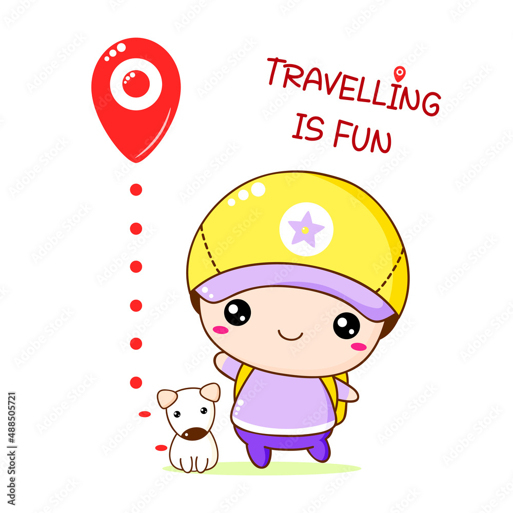 Poster cute traveler friends boy and dog with pin map. two little travellers. inscription travelling is fun