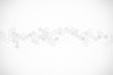 Hexagons pattern on gray background. Genetic research, molecular structure. Chemical engineering. Concept of innovation technology. Used for design healthcare, science and medicine background