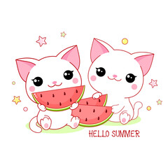 Two cute white cats with watermelon. Inscription Hello summer