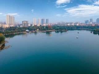 Fototapeta premium Aerial photography of Jining old city buildings landscape skyline