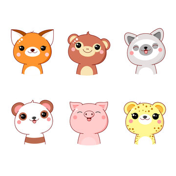 Set of kawaii member icon. Cute cartoon characters. Baby collection of avatars with animals. Childish print with monkey, panda, fox, lemur, pig, leopard. Vector illustration EPS8