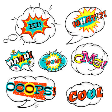 Set of comic speech bubble with inscription: wow, what, omg, aaah, hi, cool. Collection of cartoon explosions and clouds. Vector Illustration EPS8