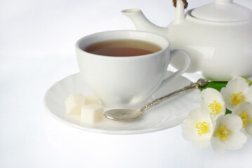 Obraz na płótnie Canvas Cup of tea on a saucer, spoon, sugar and jasmine flowers on a white background.