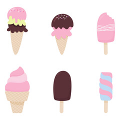 Set of pink ice cream on white background