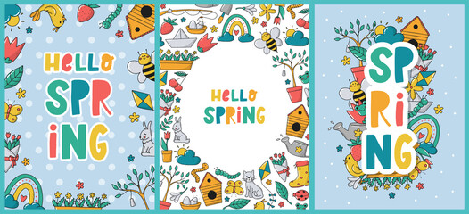 Fototapeta na wymiar set of 3 Spring greeting cards, posters, prints decorated with lettering quotes and doodles. Good for easter templates, invitations, banners, etc. EPS 10