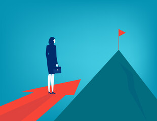 Business people standing on big arrow pointing on mountain peak. Business vector illustration concept