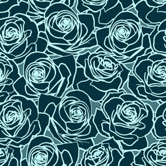 Fototapeta na wymiar Vector seamless pattern. Marine blue outline rose flowers on dark background