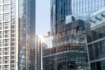 Close-up of exterior facades and buildings of skyscrapers in financial district outdoor