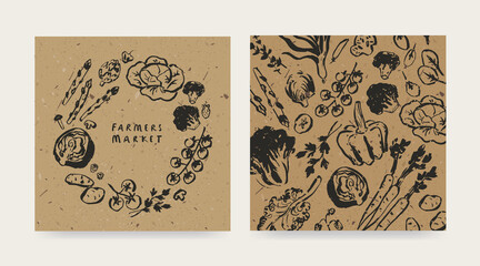 Farmers market design template, drawings of vegetables, agricultural fair invitation, recycled paper effect - 488506900