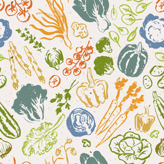 Drawing of vegetables, seamless hand drawn doodle pattern, illustration for cook book backgrounds, cards, posters, banners, textile prints, web design, recycled paper effect - 488506902