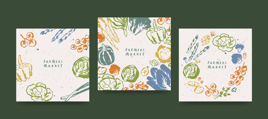 Farmers market design template, drawings of vegetables, agricultural fair invitation, recycled paper effect - 488506904