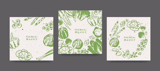 Farmers market design template, drawings of vegetables, agricultural fair invitation, recycled paper effect - 488506905