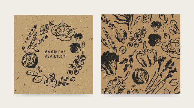 Farmers market design template, drawings of vegetables, agricultural fair invitation, recycled paper effect