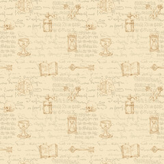 vector image of a seamless texture for printing on fabric and paper in the form of an alchemical formula with encrypted symbols in the style of medieval old graphic manuscripts text lorem ipsum